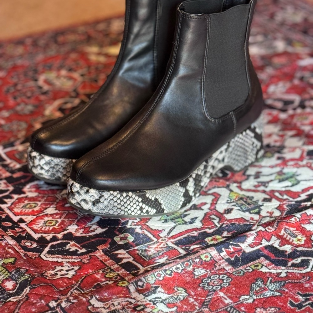 Black Leather Ankle Boots with Snake Print Sole